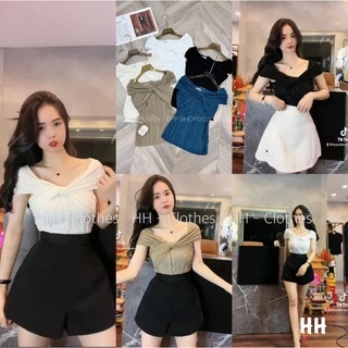 Xả hàng - Áo kiểu xốp nhăn xoắn ngực, Áo thun kiểu trễ vai sexxy CS7125 - NhiNhi Shop