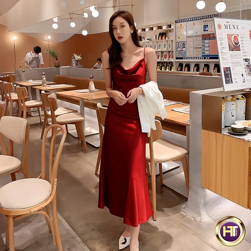 Váy Nữ 2 Dây Cổ Đổ Đầm Lụa Hai Dây Dáng Dài Cao Cấp Dự Tiệc Thiết Kế HT TRENDY