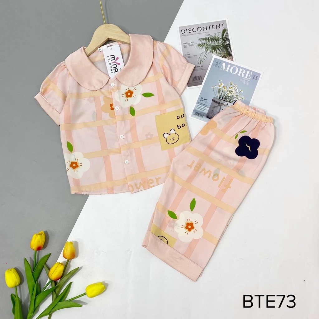 Bộ pijama bé gái, áo cộc quần lửng cổ sen, chất lụa mango