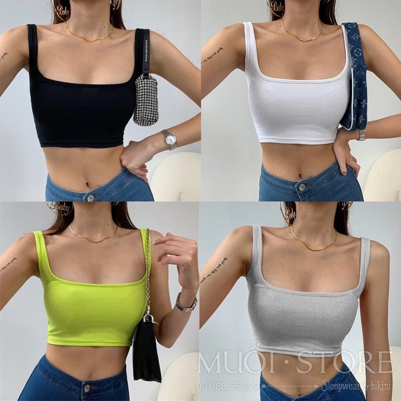 Áo thun croptop cổ vuông , áo 2 dây quai to dáng lửng ôm body Quảng Châu Muối Store A08