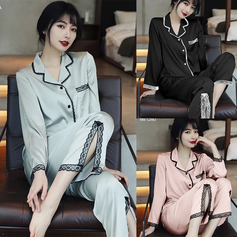 Bộ đồ mặc nhà pijama lụa phối ren cao cấp dài tay nữ tính mềm mịn, mát khi mặc