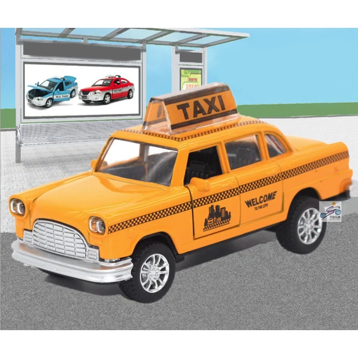 Xe ô tô taxi đồ chơi trẻ em mô hình tỉ lệ 1:36 xe bằng kim loại có âm thanh và đèn mở được cửa