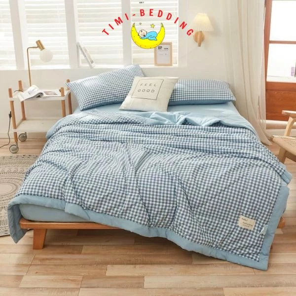 Bộ chăn ga gối cotton tici chăn trần kẻ cao cấp nhập khẩu 4 món – drap trải giường – Timibedding