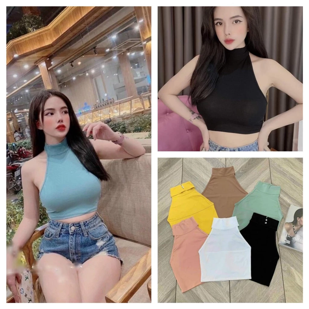 Áo yếm cổ cao from croptop hở lưng nút cài chát thun gân dày mịn dễ mặc alohashop91