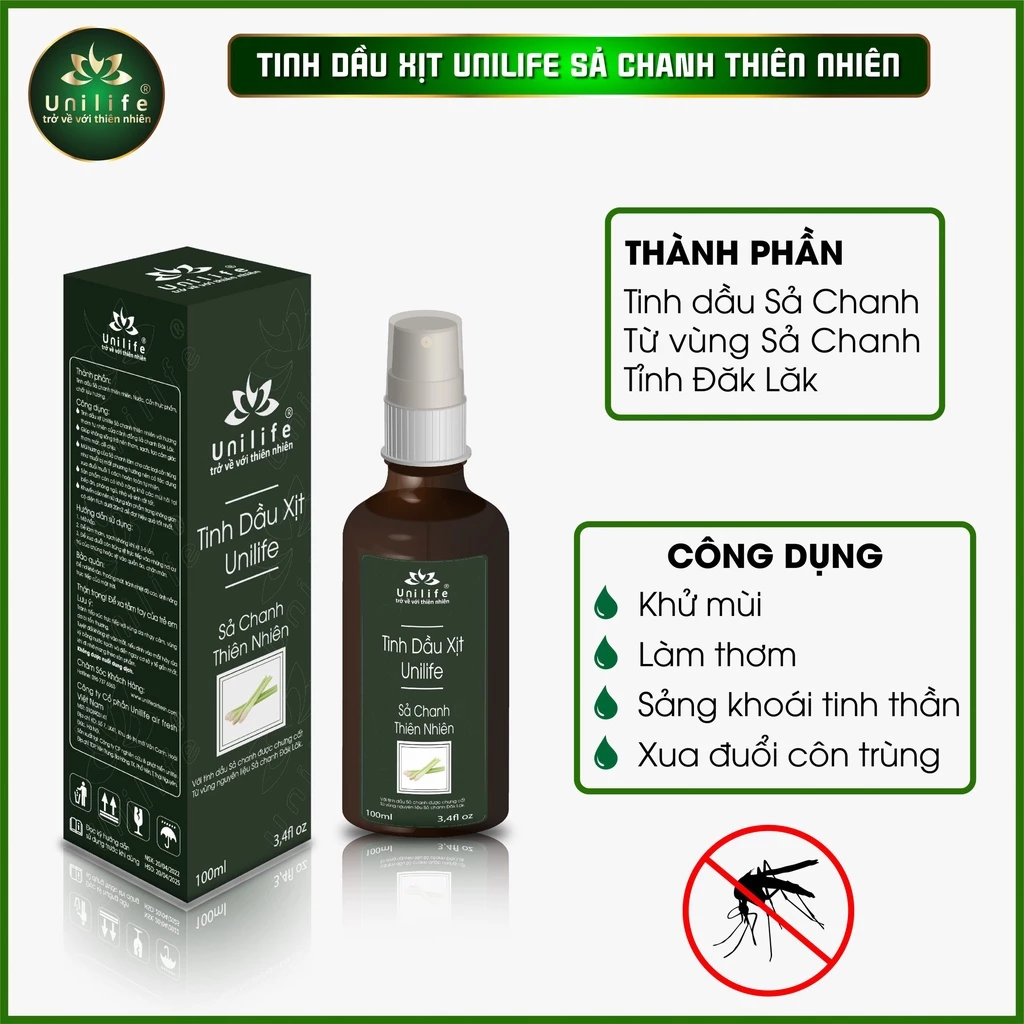 Tinh dầu xịt phòng Unilife chính hãng 100ml: Quế thơm, Sả Chanh