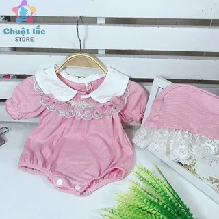 [SALE] Đồ Bộ Body Cho Bé Gái Sơ Sinh  Chất Cotton Len Cổ Sen Viền Ren Kèm Mũ Màu Hồng, Trắng