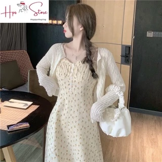 Váy Hai Dây Hoa Nhí/ Áo Khoác Cardigan Mỏng V01 Phong Cách Hàn Quốc,