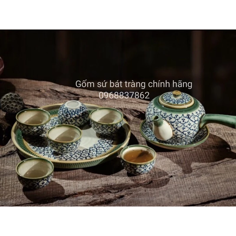 Bộ ấm chén dáng chuôi vẽ hoa bèo, ấm chén vẽ tay cao cấp bát tràng