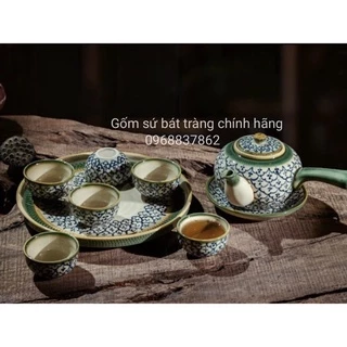 Bộ ấm chén dáng chuôi vẽ hoa bèo, ấm chén vẽ tay cao cấp bát tràng