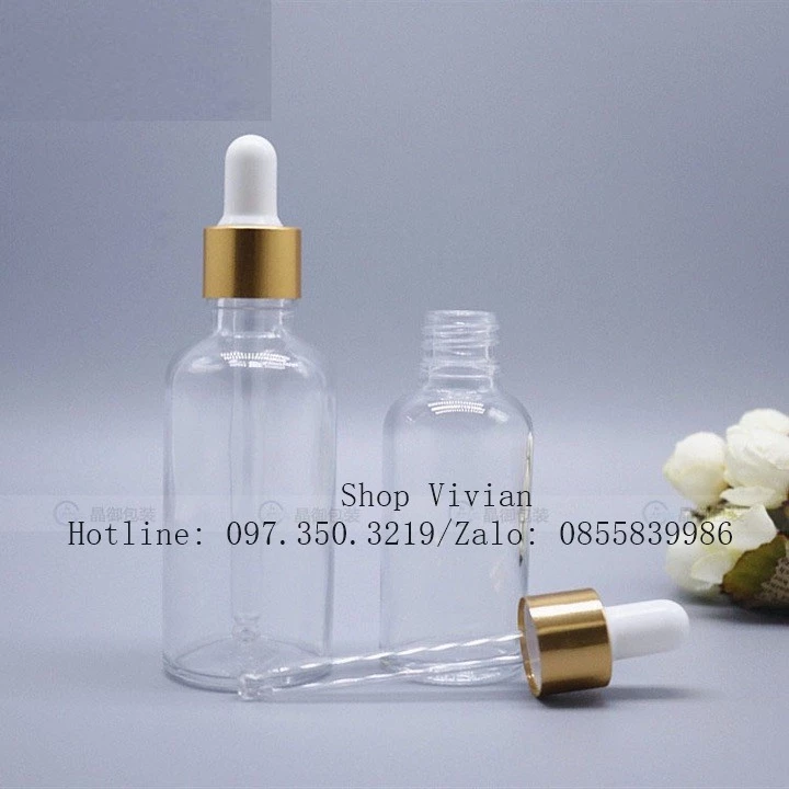 Chai lọ đựng tinh dầu 100ml trong suốt, lọ đựng serum, tinh chất nắp bóp nhôm vàng đẹp