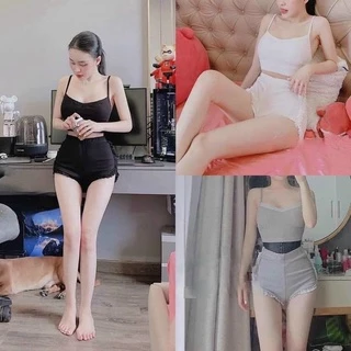 Set bộ nữ áo croptop 2 dây kèm quần cộc ngắn phối ren thun gân 3 màu