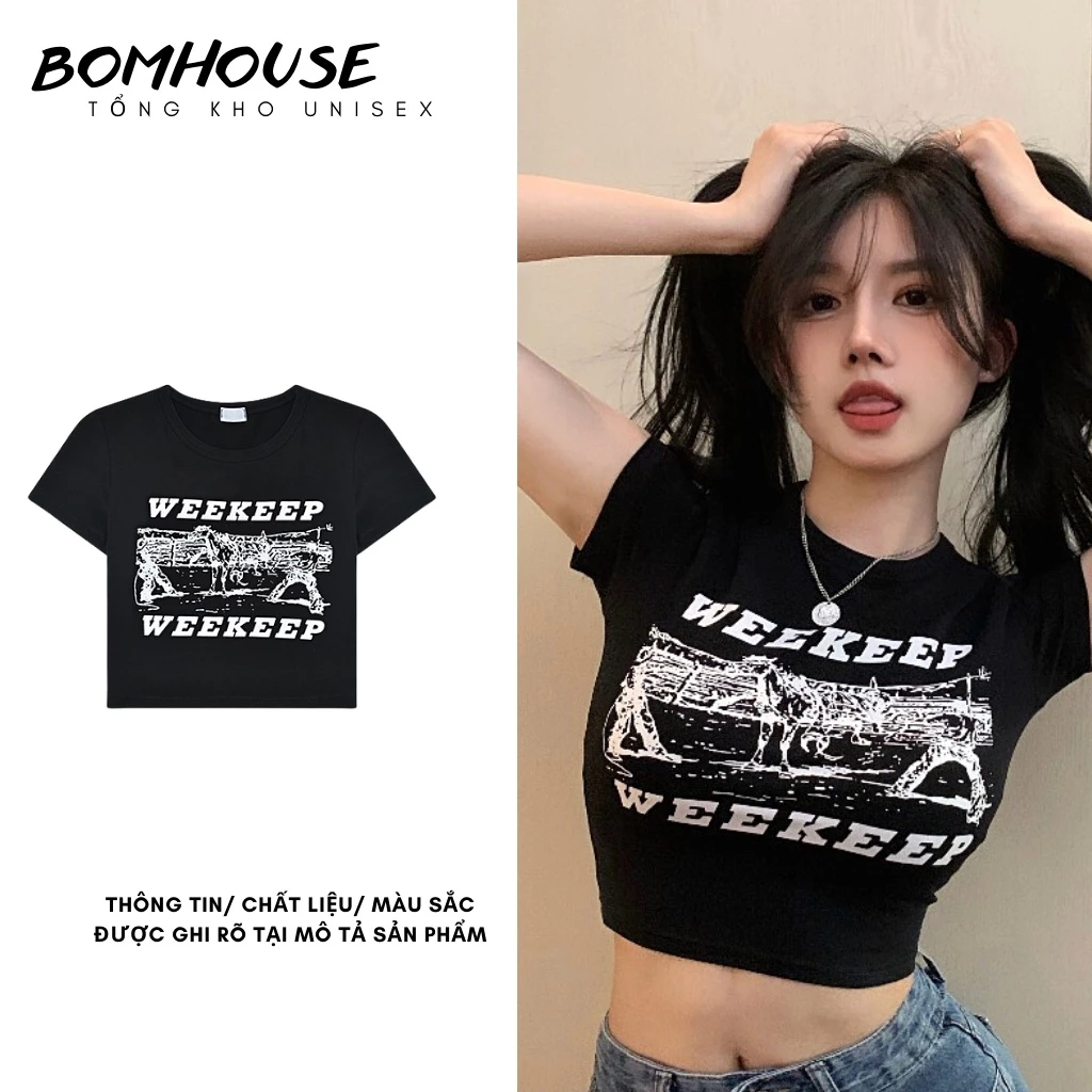 Áo Croptop Nữ WEEKEP BOM HOUSE Chất Liệu Thun Bo Gân