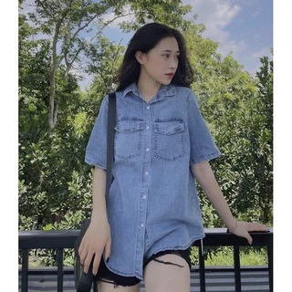 Áo sơ mi jean trơn túi hộp- áo bò ngắn tay from rộng UNISEX phong cách ulzzang hàn quốc