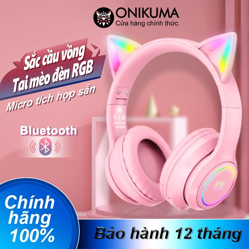 Tai Nghe Chụp Tai Mèo Không Dây Có Mic ONIKUMA B90 Màu Hồng Bluetooth Headphone Gaming Đèn RGB Cho PC Laptop điện thoại
