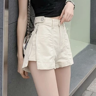 Quần Short Jean Ống Rộng Màu Khaki Phong Cách Đường Phố Thời Trang Cho Nữ