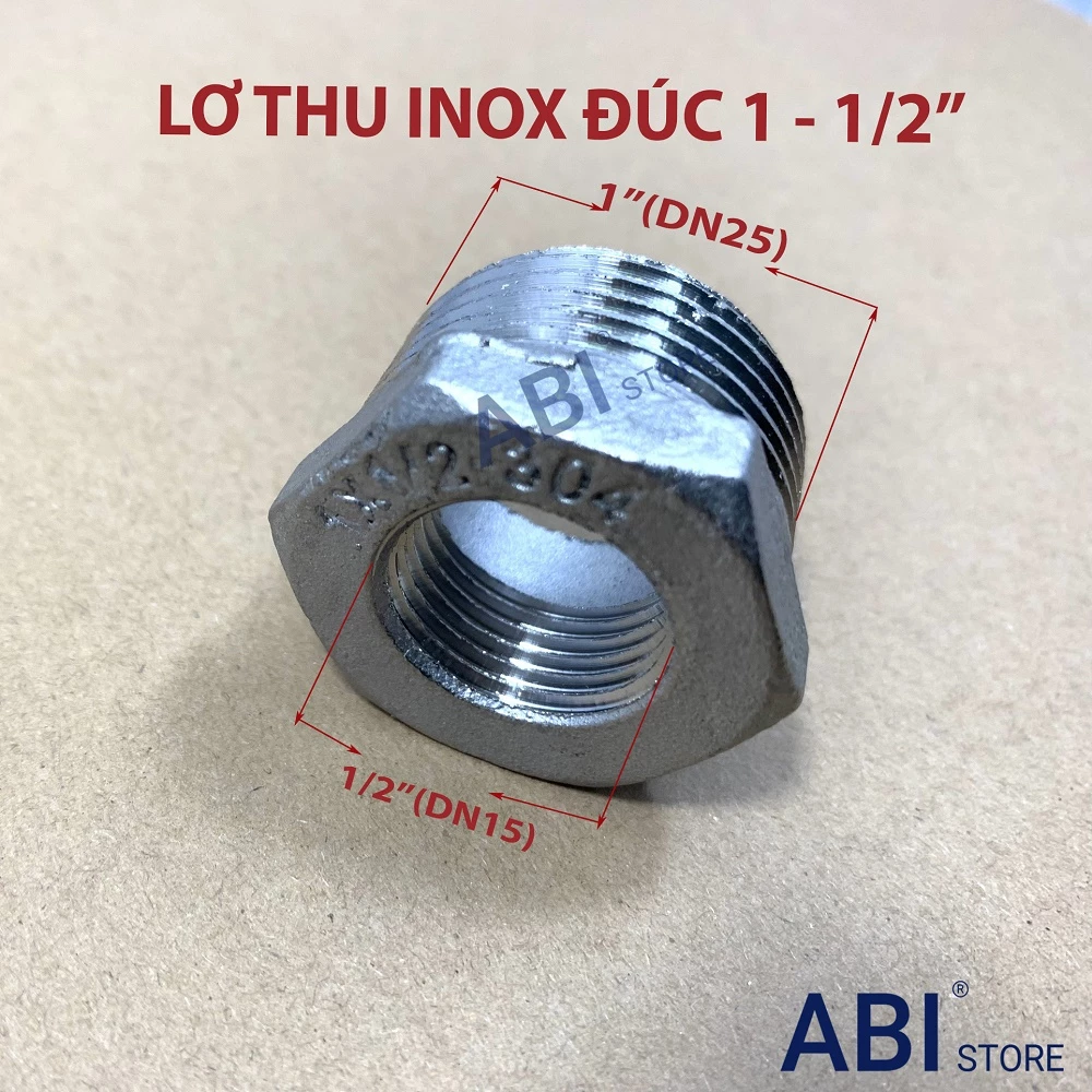 Lơ thu inox ren ngoài 34 về ren trong 21, cà rá thu 1-1/2'' đúc hàng dày đẹp( dn25-dn15)