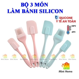 Bộ dụng cụ làm bánh 3 món silicon gồm chổi cọ quét dầu ăn, spatula trộn bột, phới dẹt silicone đánh trứng kem chịu nhiệt