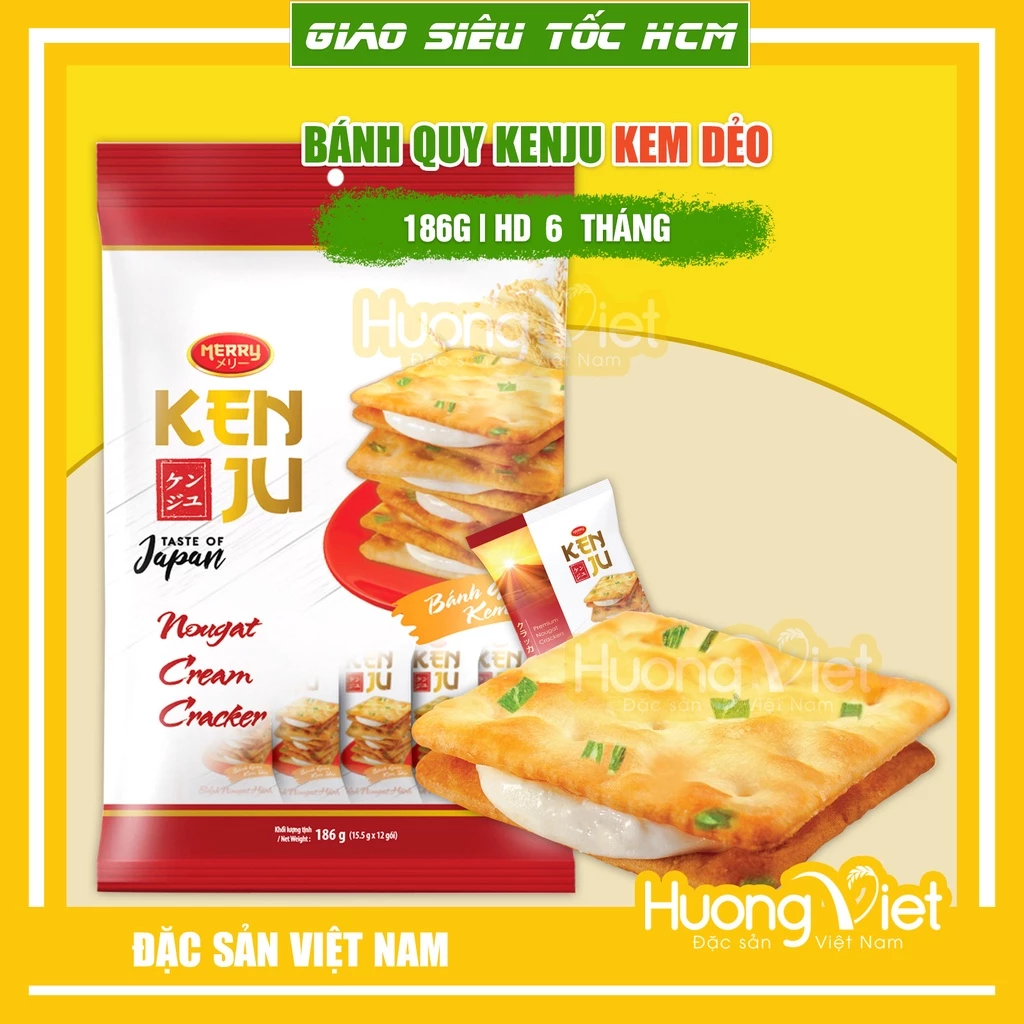 Bánh quy KENJU kem dẻo túi 186g, bánh ăn sáng Richy, Bánh nougat hành, bánh quy hành (12 gói x 15.5g)
