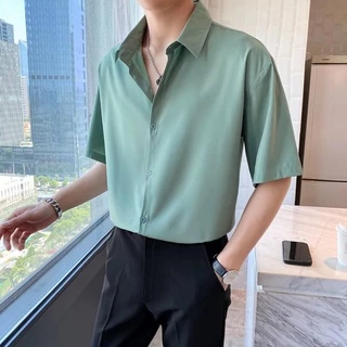 Áo Sơ Mi Nửa Tay Nam 4 Màu M-2XL Áo Sơ Mi Chất Lượng Cao Nam Mùa Hè Phiên Bản Hàn Quốc Dạo Phố Đẹp Trai Màu Trơn Drap Rời Top Nam Phiên Bản Hàn Quốc Hợp Thời Trang ins Áo Sơ Mi Trắng Thường Ngày