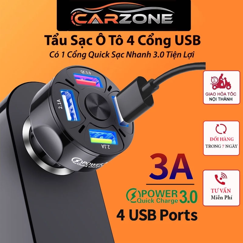 Tẩu Sạc Nhanh Ô Tô 4 Cổng USB QC3.0 CARZONE - Tẩu Sạc Nhanh Xe Hơi 12V/24V Hỗ Trợ Quick Charge 3.0 VERSION 2