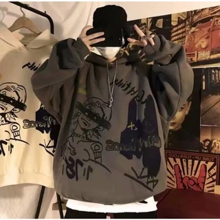 Áo Hoodie Dáng Rộng Phối Nhung Họa Tiết graffiti Phong Cách hip hop Hàn Quốc Thời Trang Thu Đông Cho Nam