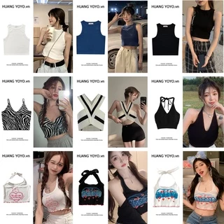 HUANG YOYO Áo dệt kim không tay màu sắc đơn giản cho nữ áo croptop