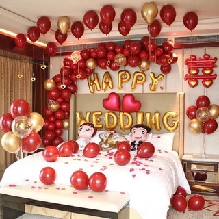 ( Bóng sequin+ tặng 100 cánh hoa hồng) Bộ bóng trang trí phòng cưới, bóng bay trang trí phòng tân hôn tone đỏ, vàng