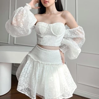 Set áo croptop cúp ngực tay phồng mix cùng chân váy ngắn dáng xòe