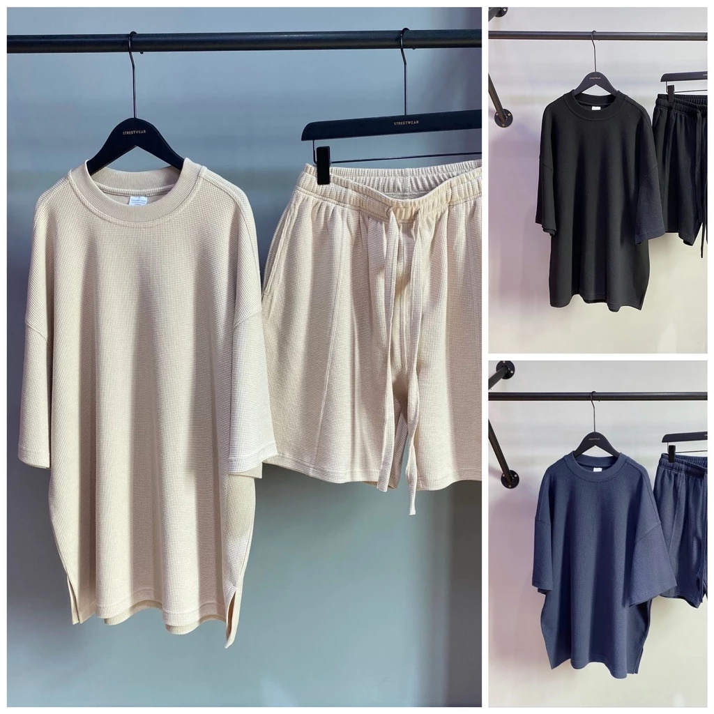 Set bộ Unisex Cotton nam nữ (quần short+áo phông) chất cotton tổ ong cao cấp, quần đùi, áo unisex tay lỡ, basic HIVE