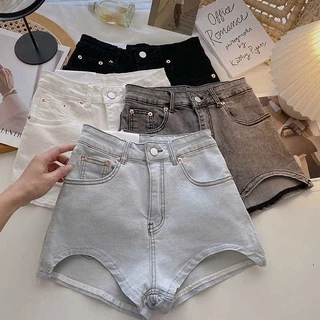 Jiashucheng Quần Short Denim Lưng Cao Dáng Ôm Màu Xanh Dương Bất Đối Xứng Thời Trang Cho Nữ @