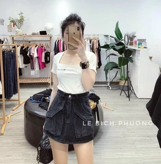 áo cổ vuông tay ngắn thêu chữ chất zip xịn nhiều màu