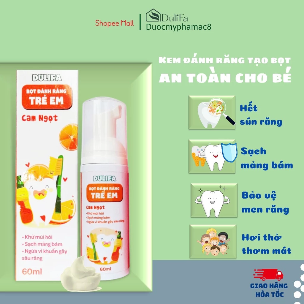 Kem Đánh Răng Tạo Bọt Nuốt Được Cho Bé Dulifa Làm Sạch Mảng Bám Và Chống Sâu Răng Hương Dâu Cam Và Kẹo Ngọt 60ml