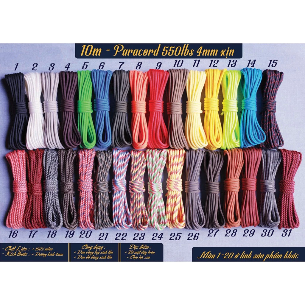10m màu 21-31 dây dù Paracord 550lbs đường kính 4mm rất tròn, sinh tồn hàng mỹ USA