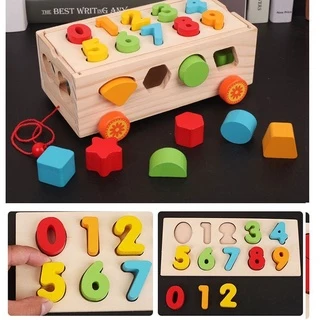 XE KÉO THẢ SỐ VÀ HÌNH KHỐI BẰNG GỖ ĐẸP Montessori ( CÓ HỘP). Đồ chơi thông minh, phát triển trí tuệ cho bé