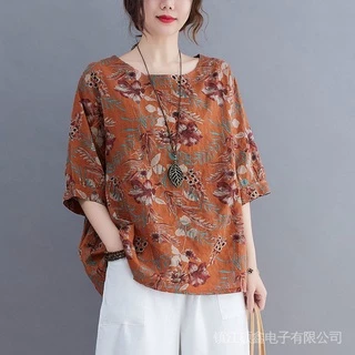 Áo Thun 100% Cotton Nguyên Chất Tay Ngắn Dáng Rộng Phong Cách Dân Tộc Cổ Điển Dễ Phối Đồ Cho Nữ 2021