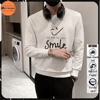 Áo thu đông nam tay dài đẹp chất cotton nỉ cổ tròn có bo tay bụng in Smile mã 37