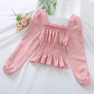 Áo sơ mi BH chiffon tay dài phồng cổ vuông phong cách Hàn Quốc thời trang mùa thu dành cho nữ 2021