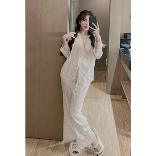 Đồ Ngủ, Đồ Bộ, Pyjama Nữ Tiểu Thư Tay Dài Phối Ren Chất Lụa Siêu Xinh Freesize