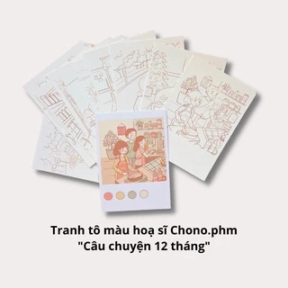 Giấy vẽ tranh postcard tô màu A5 A6 300gsm hoạ sĩ Chono.phm chủ đề "Câu chuyện 12 tháng"