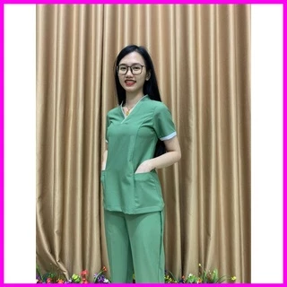 Bộ Scrubs NỮ cổ V cao cấp màu XANH VỎ ĐẬU - Bộ quần áo bác sĩ, y tá, điều dưỡng, đồng phục Spa