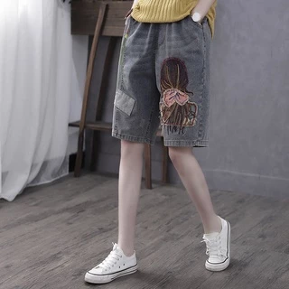 Quần short denim lưng cao thêu họa tiết phong cách retro cho nữ