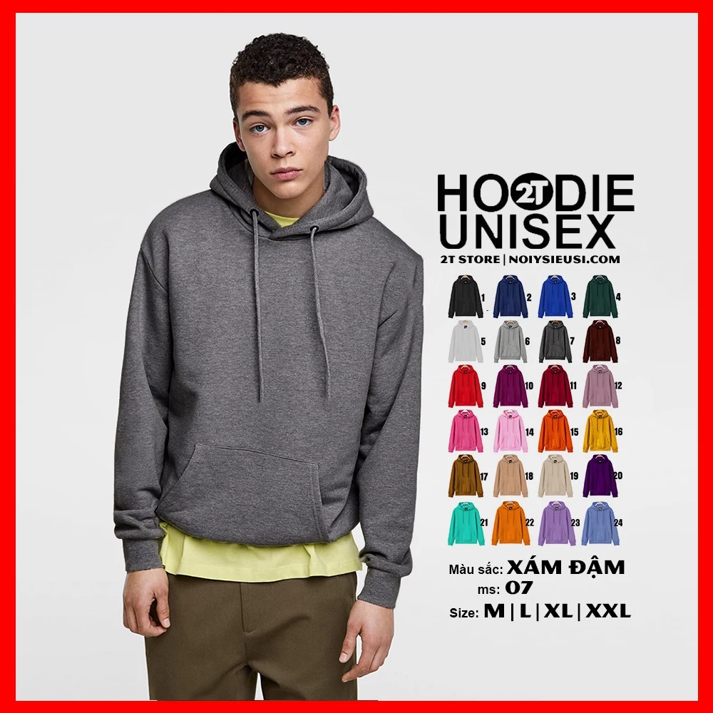 Áo hoodie unisex 2T Store H07 màu xám đậm - Áo khoác nỉ chui đầu nón 2 lớp dày dặn đẹp chất lượng