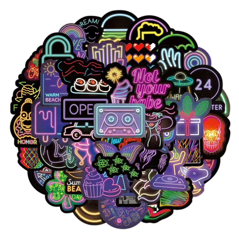 50 Sticker Neon vẽ kiểu dạ quang/ tiệc tùng cute chống nước dán laptop, hình dán mũ bảo hiểm, dán xe, điện thoại, mã 108