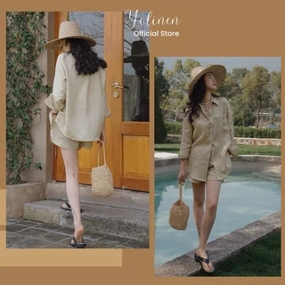 Bộ sơ mi nữ YOLINEN màu be nhẹ nhàng phong cách vintage Hàn Quốc, chất linen mềm mát