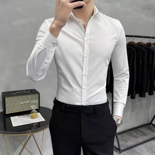 áo sơ mi nam lụa trơn dài tay trắng đen công sở kiểu hàn quốc cao cấp - dáng slimfit , không nhăn co giãn nhẹ