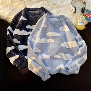 Áo Sweater Dệt Kim Dày Dặn Dáng Rộng In Hình Đám Mây Phong Cách Hàn Quốc Cho Nam Giới