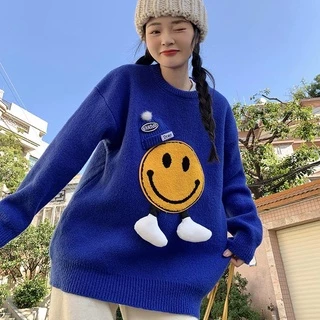 Áo sweater dệt kim dày dặn in hình mặt cười thời trang mùa đông 2024 thích hợp cho nữ