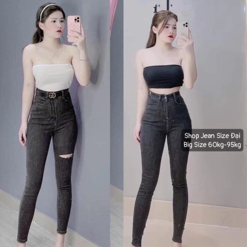 Quần Dài Jean BigSize Xám Trơn/Rách Lưng Siêu Cao - Co Giãn Mạnh - Quần Skinny Bigsize Lưng Cao - Quần Jean Cạp Cao