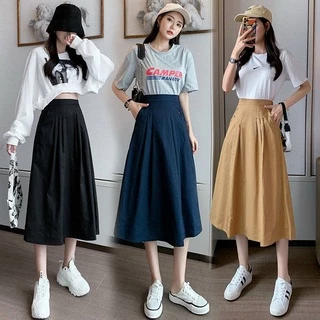 Chân váy ULZZANG dáng dài, chân váy midi xếp ly đính nút hông form xoè cực hot