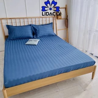 Bộ ga gối cotton kẻ sọc 3f LIDACO chuyên dùng khách sạn, homestay - Xanh Dương Đậm